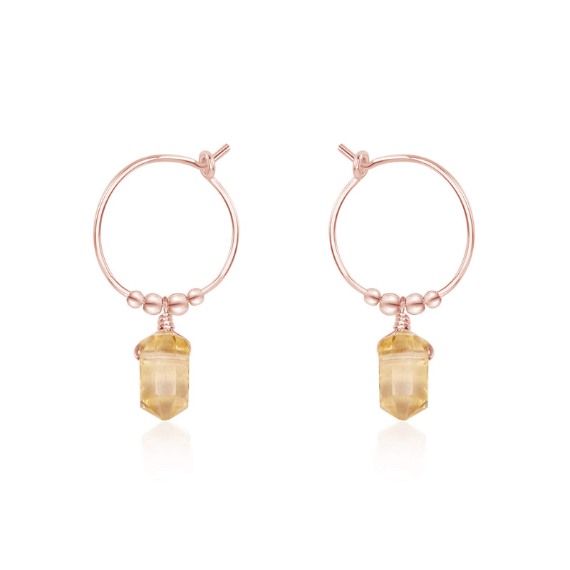 Tiny Double Terminated Crystal Hoop Dangle Earrings - Citrine - 14K Rose Gold Fill - Luna Tide Handmade Jewellery