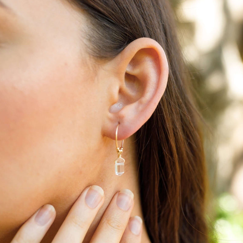 Tiny Double Terminated Crystal Hoop Dangle Earrings - Crystal Quartz - 14K Gold Fill - Luna Tide Handmade Jewellery
