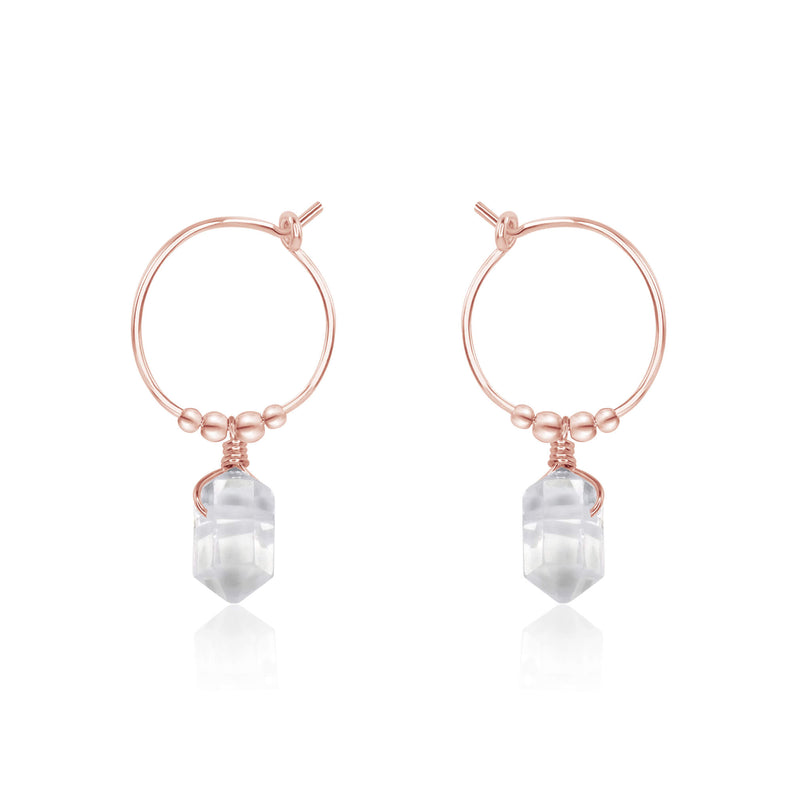 Tiny Double Terminated Crystal Hoop Dangle Earrings - Crystal Quartz - 14K Rose Gold Fill - Luna Tide Handmade Jewellery