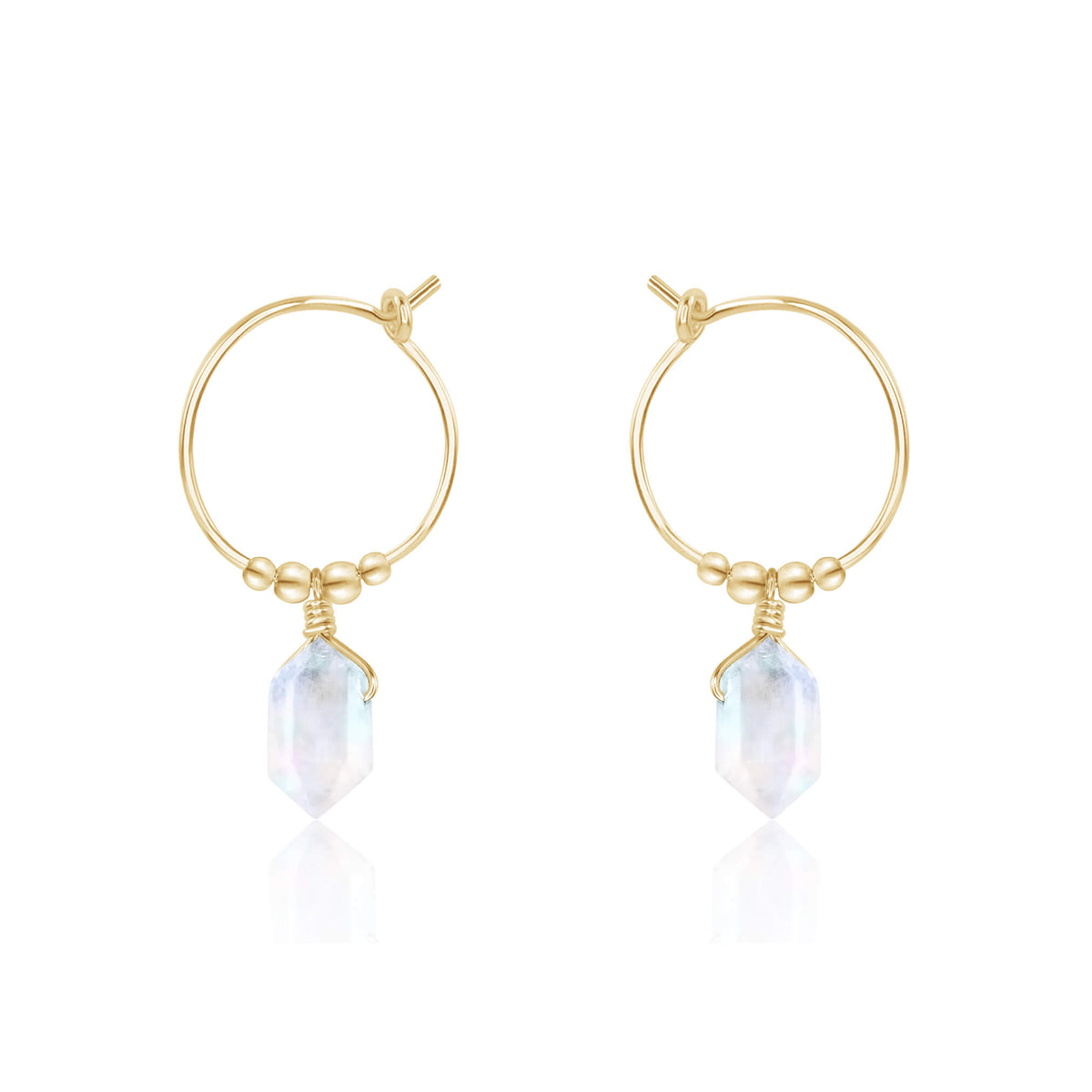 Tiny Double Terminated Crystal Hoop Dangle Earrings - Rainbow Moonstone - 14K Gold Fill - Luna Tide Handmade Jewellery