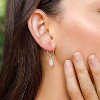 Tiny Double Terminated Crystal Hoop Dangle Earrings - Rainbow Moonstone - Sterling Silver - Luna Tide Handmade Jewellery