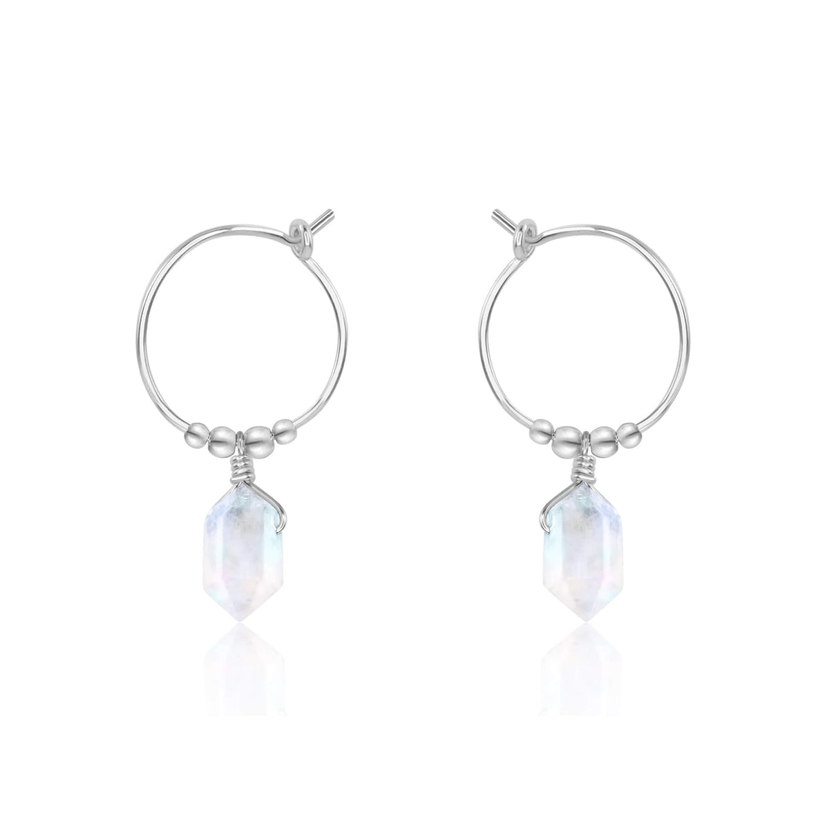 Tiny Double Terminated Crystal Hoop Dangle Earrings - Rainbow Moonstone - Sterling Silver - Luna Tide Handmade Jewellery