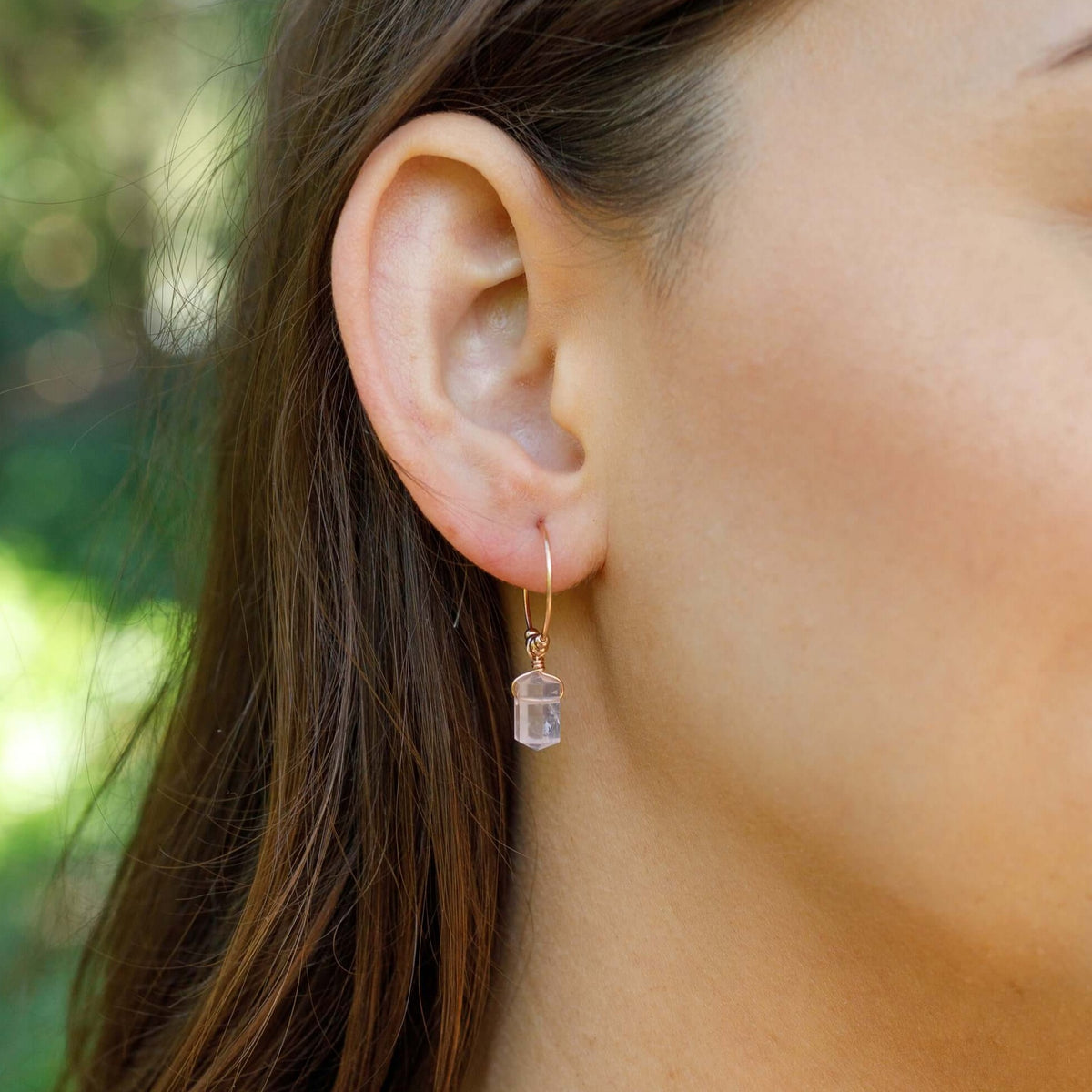 Tiny Double Terminated Crystal Hoop Dangle Earrings - Rose Quartz - 14K Rose Gold Fill - Luna Tide Handmade Jewellery