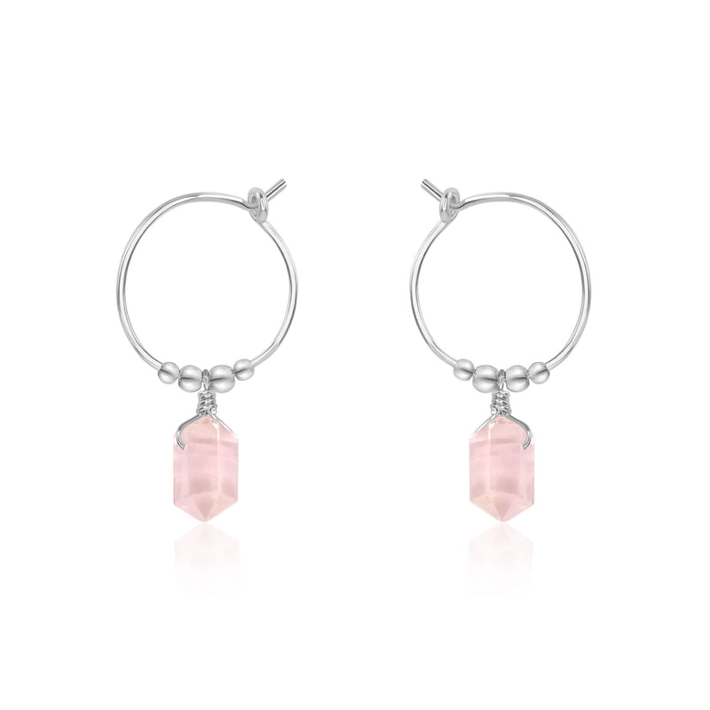 Tiny Double Terminated Crystal Hoop Dangle Earrings - Rose Quartz - Sterling Silver - Luna Tide Handmade Jewellery