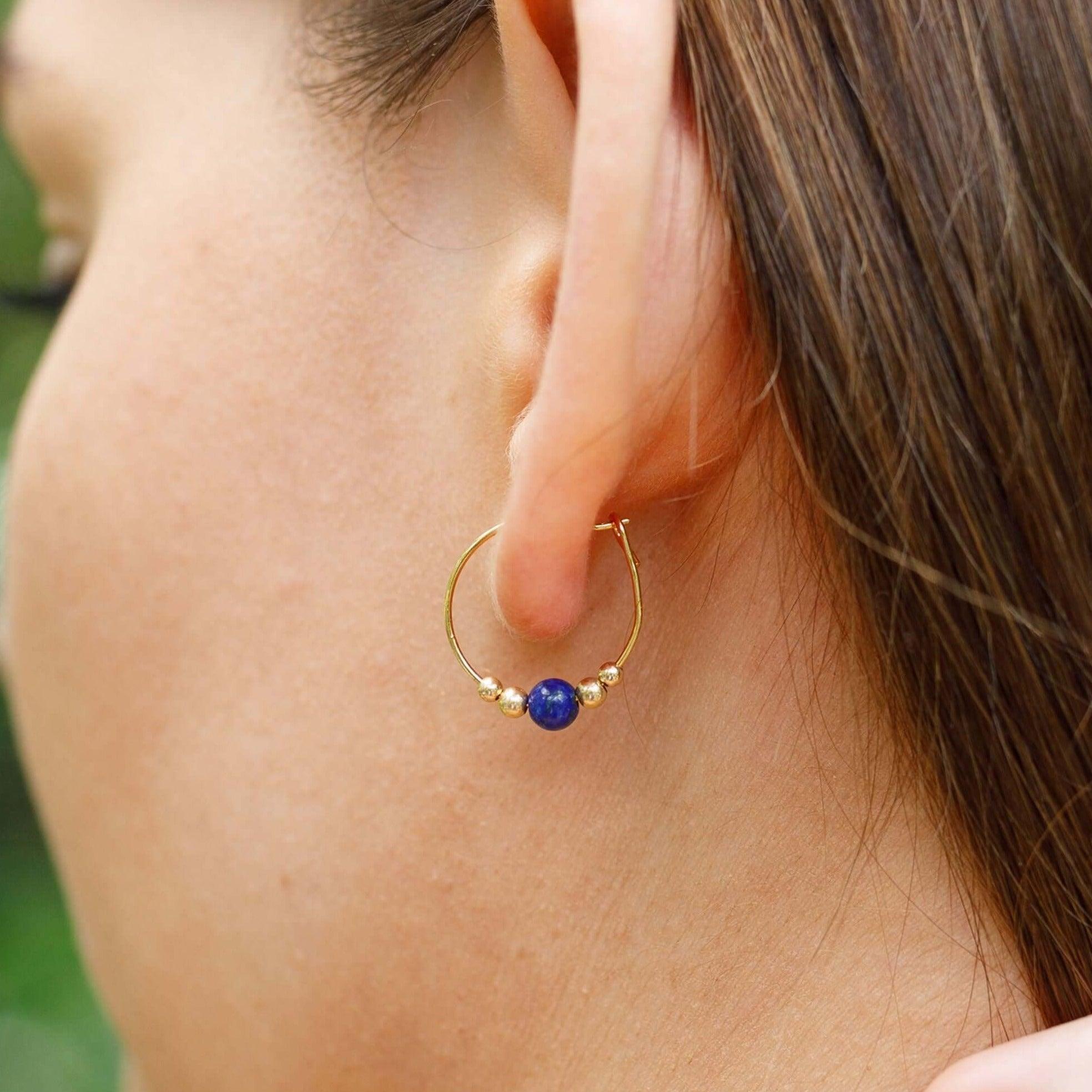 Tiny Lapis Lazuli Gemstone Bead Hoop Earrings - Tiny Lapis Lazuli Gemstone Bead Hoop Earrings - Sterling Silver - Luna Tide Handmade Crystal Jewellery