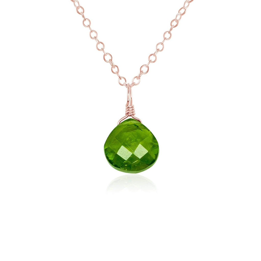 Tiny Peridot Teardrop Crystal Necklace - Tiny Peridot Teardrop Crystal Necklace - 14k Rose Gold Fill / Cable - Luna Tide Handmade Crystal Jewellery