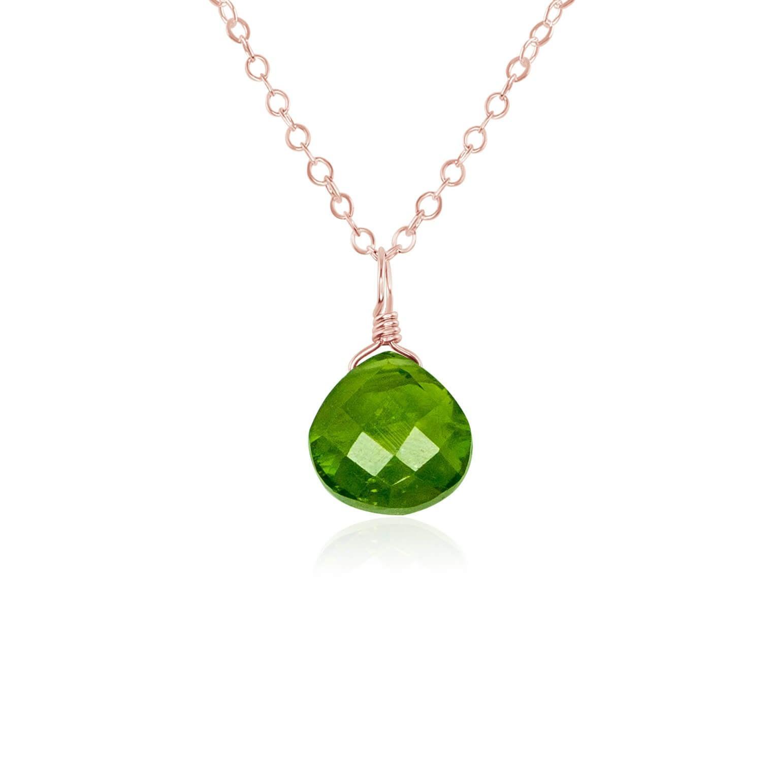Tiny Peridot Teardrop Crystal Necklace - Tiny Peridot Teardrop Crystal Necklace - 14k Rose Gold Fill / Cable - Luna Tide Handmade Crystal Jewellery