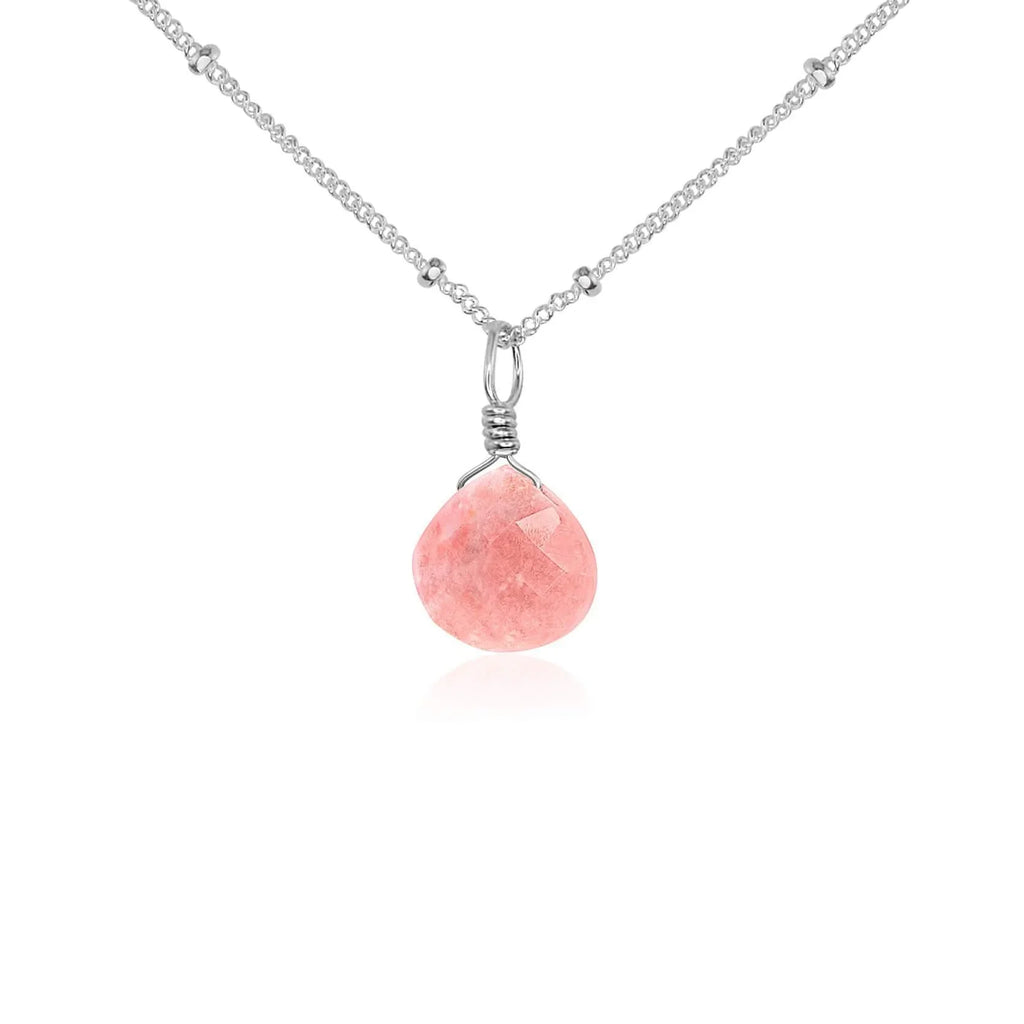 Tiny Pink Peruvian Opal Teardrop Necklace - Tiny Pink Peruvian Opal Teardrop Necklace - Sterling Silver / Satellite - Luna Tide Handmade Crystal Jewellery