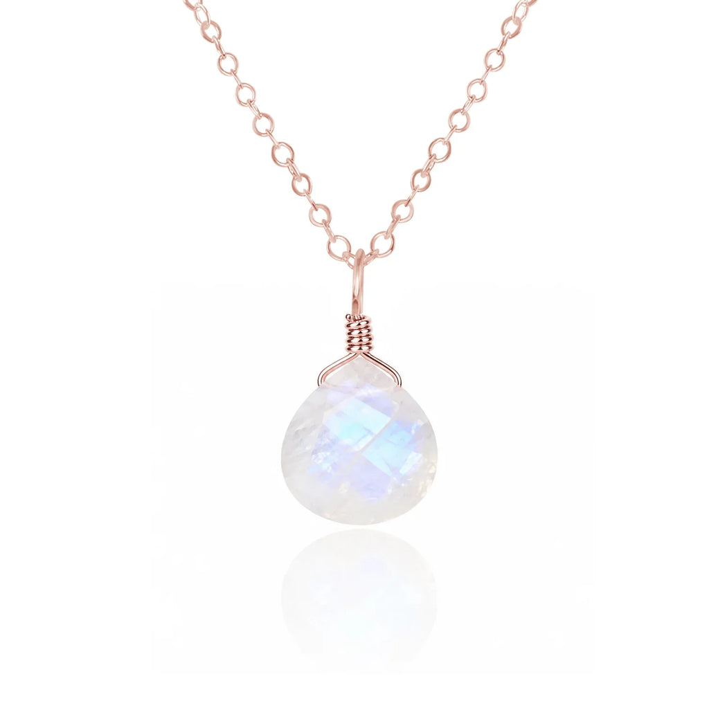 Tiny Rainbow Moonstone Teardrop Crystal Necklace - Tiny Rainbow Moonstone Teardrop Crystal Necklace - 14k Rose Gold Fill / Cable - Luna Tide Handmade Crystal Jewellery