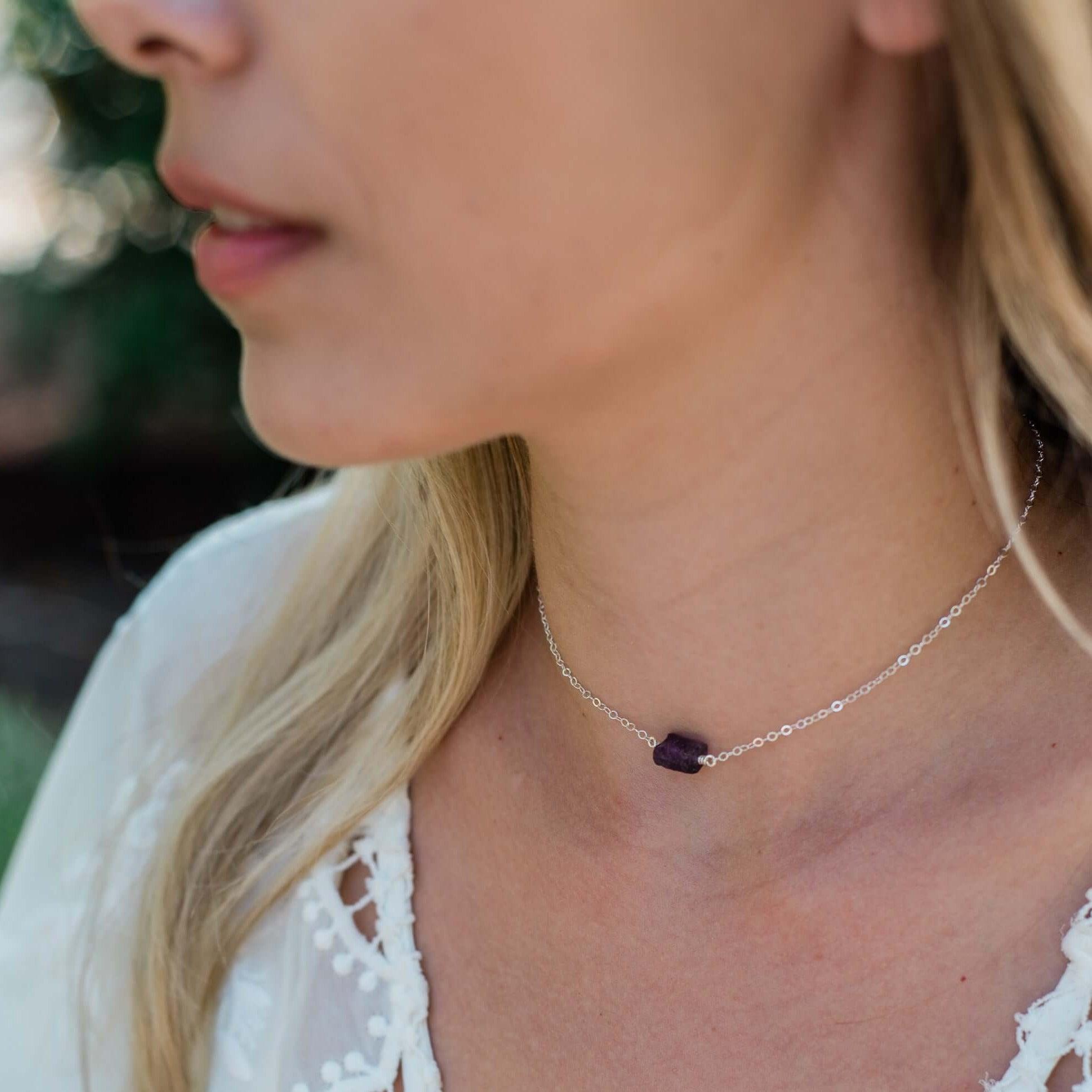 Tiny Raw Amethyst Crystal Nugget Choker - Tiny Raw Amethyst Crystal Nugget Choker - Sterling Silver - Luna Tide Handmade Crystal Jewellery