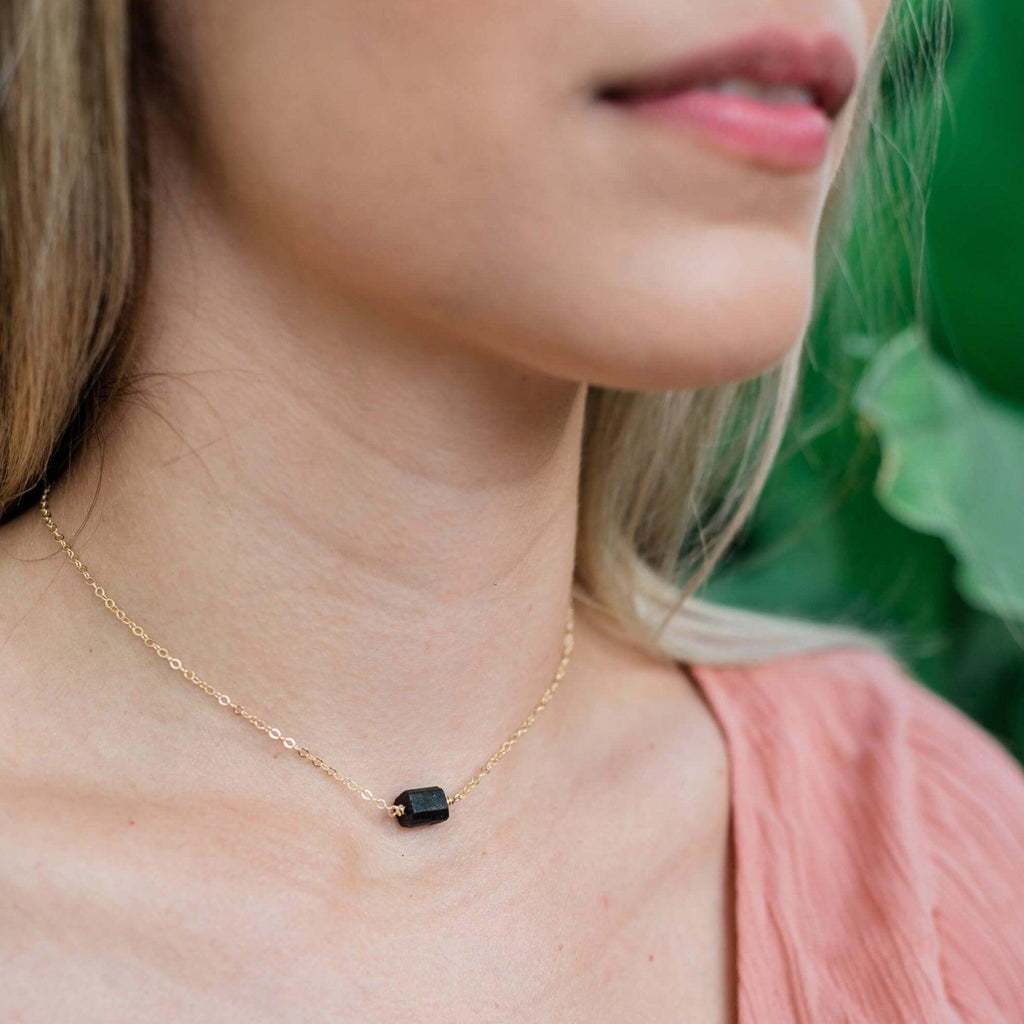 Tiny Raw Black Tourmaline Crystal Nugget Choker - Tiny Raw Black Tourmaline Crystal Nugget Choker - 14k Gold Fill - Luna Tide Handmade Crystal Jewellery