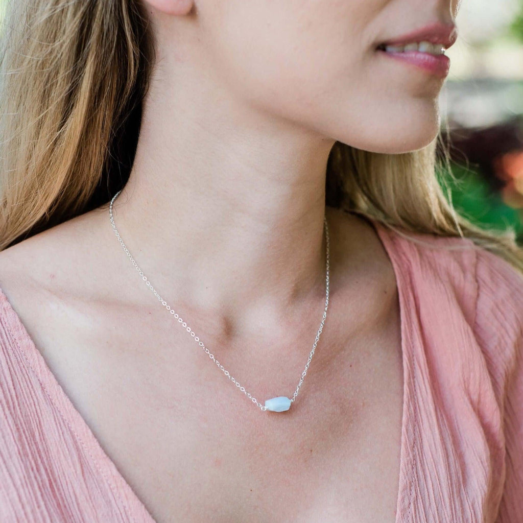 Tiny Raw Blue Lace Agate Crystal Nugget Necklace - Tiny Raw Blue Lace Agate Crystal Nugget Necklace - Sterling Silver - Luna Tide Handmade Crystal Jewellery