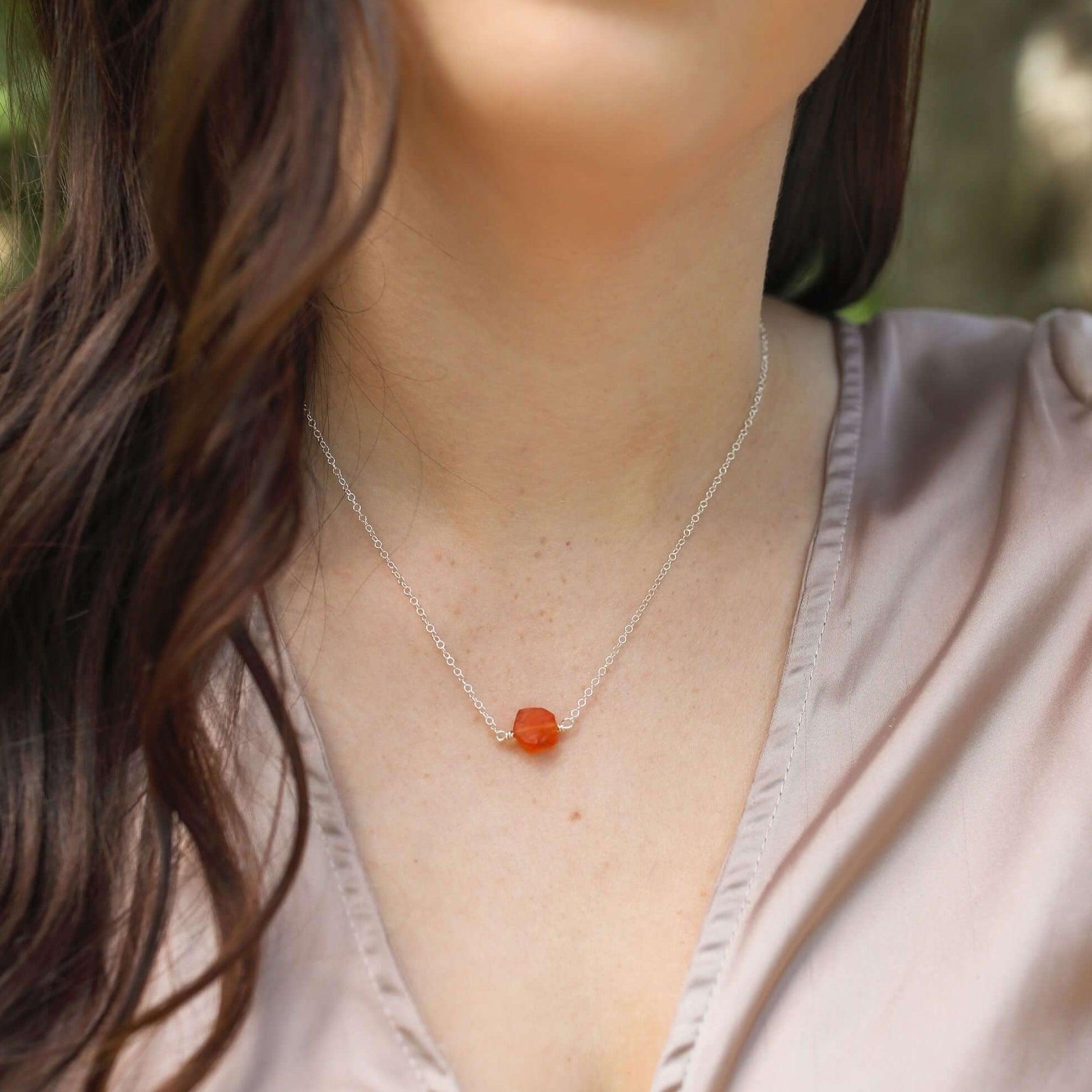 Tiny Raw Carnelian Crystal Nugget Necklace - Tiny Raw Carnelian Crystal Nugget Necklace - Sterling Silver - Luna Tide Handmade Crystal Jewellery