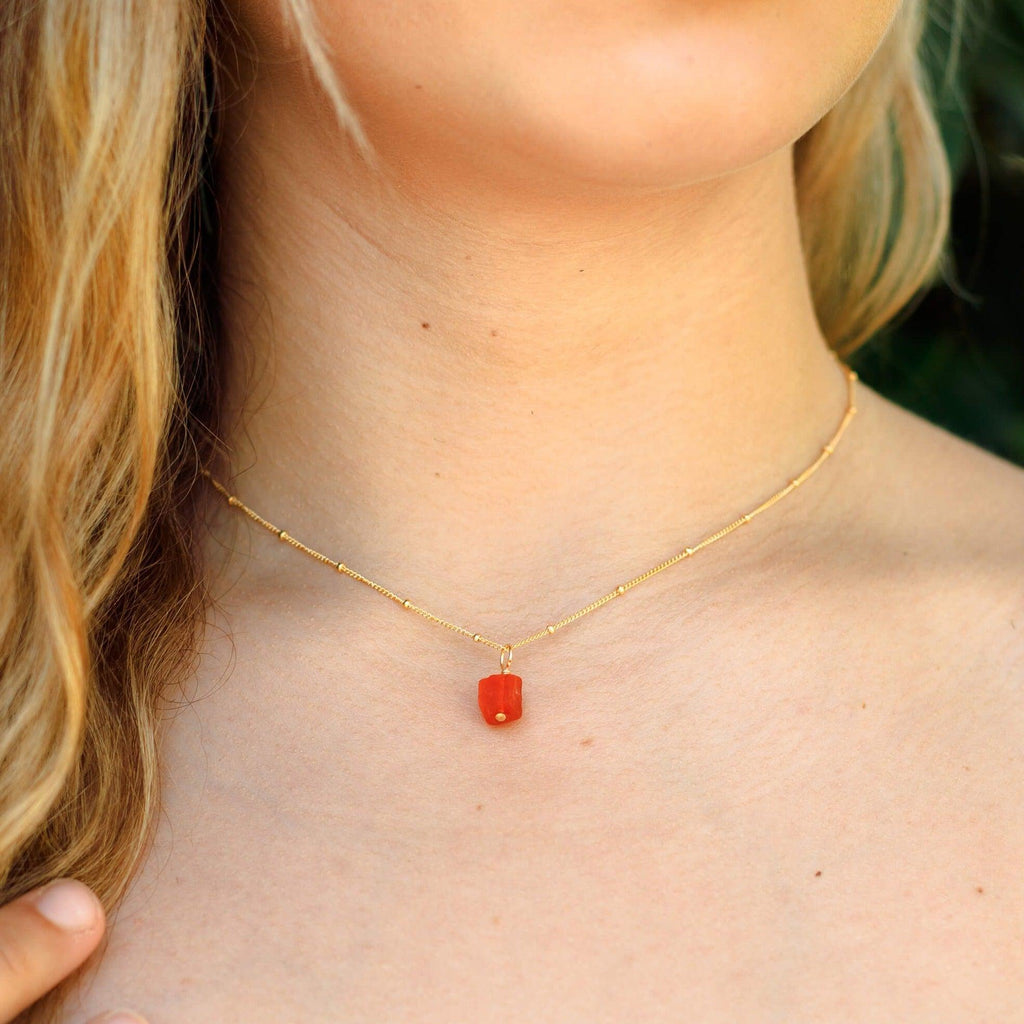 Tiny Raw Carnelian Pendant Necklace - Tiny Raw Carnelian Pendant Necklace - 14k Gold Fill / Cable - Luna Tide Handmade Crystal Jewellery