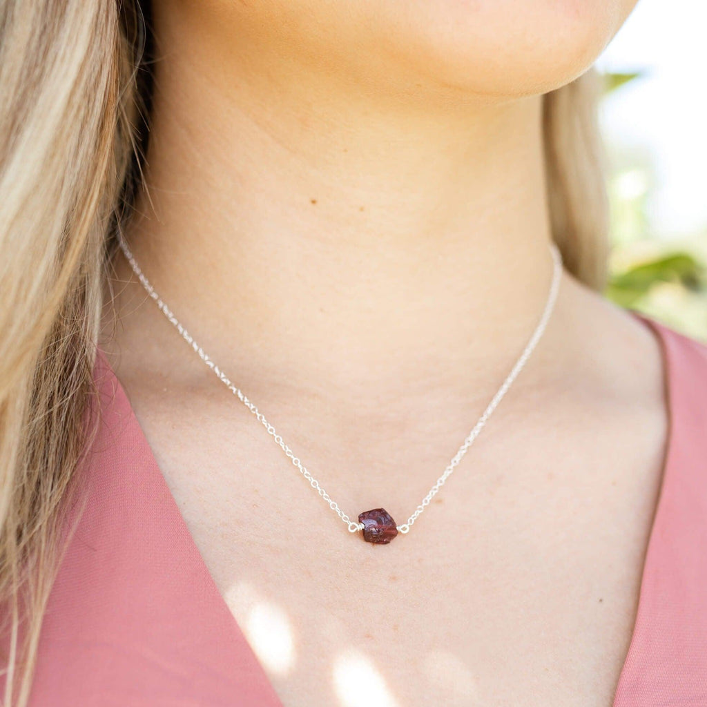 Tiny Raw Garnet Crystal Nugget Necklace - Tiny Raw Garnet Crystal Nugget Necklace - Sterling Silver - Luna Tide Handmade Crystal Jewellery
