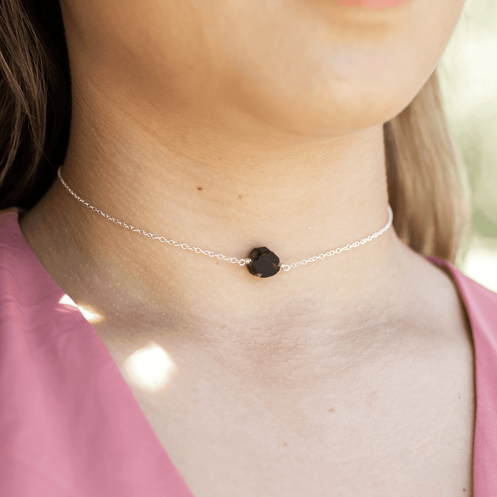 Tiny Raw Obsidian Crystal Nugget Choker - Tiny Raw Obsidian Crystal Nugget Choker - Sterling Silver - Luna Tide Handmade Crystal Jewellery