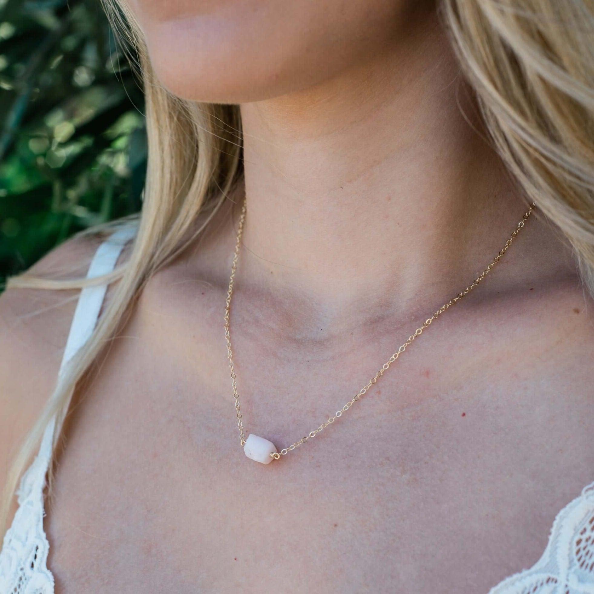 Tiny Raw Pink Peruvian Opal Crystal Nugget Necklace - Tiny Raw Pink Peruvian Opal Crystal Nugget Necklace - 14k Gold Fill - Luna Tide Handmade Crystal Jewellery