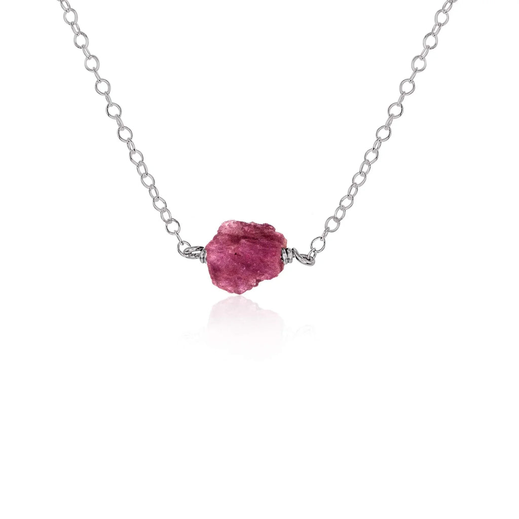 Tiny Raw Pink Tourmaline Crystal Nugget Necklace - Tiny Raw Pink Tourmaline Crystal Nugget Necklace - Stainless Steel - Luna Tide Handmade Crystal Jewellery
