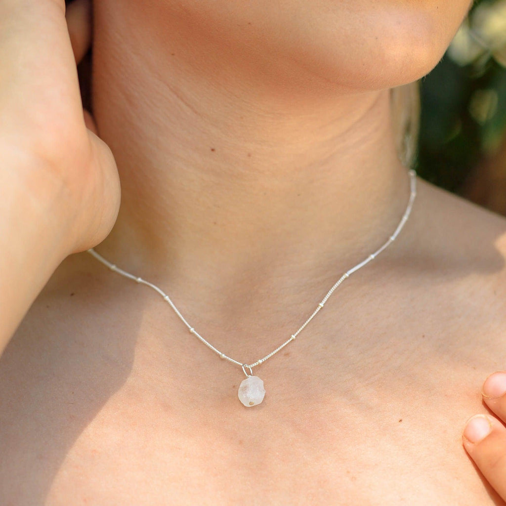 Tiny Raw Rainbow Moonstone Pendant Necklace - Tiny Raw Rainbow Moonstone Pendant Necklace - Sterling Silver / Cable - Luna Tide Handmade Crystal Jewellery