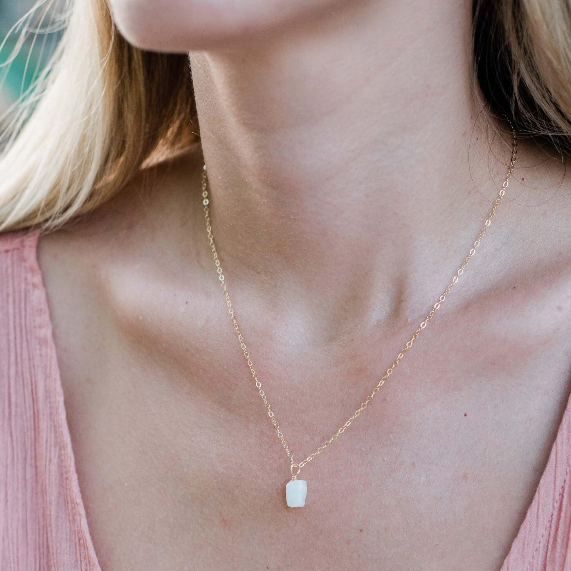 Tiny Raw Rainbow Moonstone Pendant Necklace - Tiny Raw Rainbow Moonstone Pendant Necklace - Sterling Silver / Cable - Luna Tide Handmade Crystal Jewellery