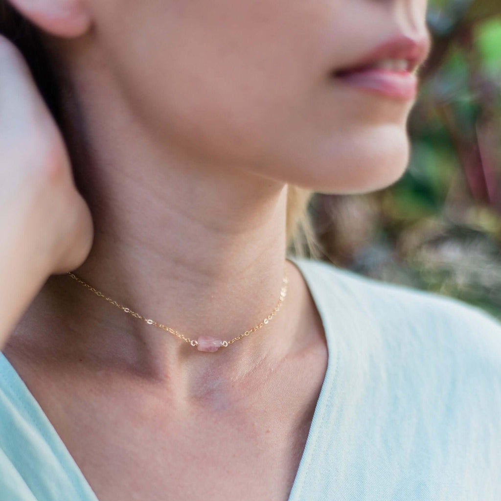 Tiny Raw Rose Quartz Crystal Nugget Choker - Tiny Raw Rose Quartz Crystal Nugget Choker - 14k Gold Fill - Luna Tide Handmade Crystal Jewellery