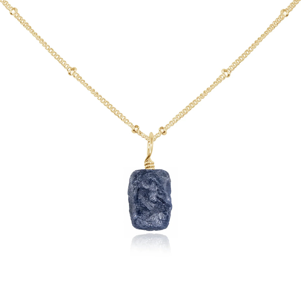 Tiny Raw Sapphire Pendant Necklace - Tiny Raw Sapphire Pendant Necklace - 14k Gold Fill / Satellite - Luna Tide Handmade Crystal Jewellery
