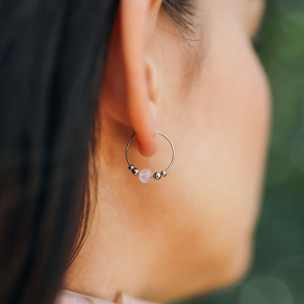 Tiny Rose Quartz Bead Hoop Earrings - Tiny Rose Quartz Bead Hoop Earrings - 14k Gold Fill - Luna Tide Handmade Crystal Jewellery