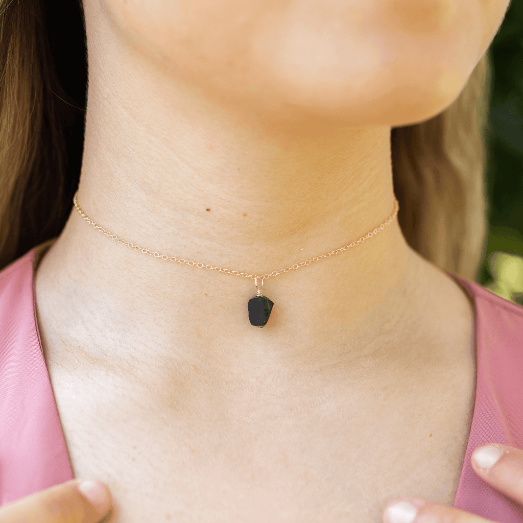 Tiny Rough Obsidian Gemstone Pendant Choker - Tiny Rough Obsidian Gemstone Pendant Choker - 14k Gold Fill / Cable - Luna Tide Handmade Crystal Jewellery