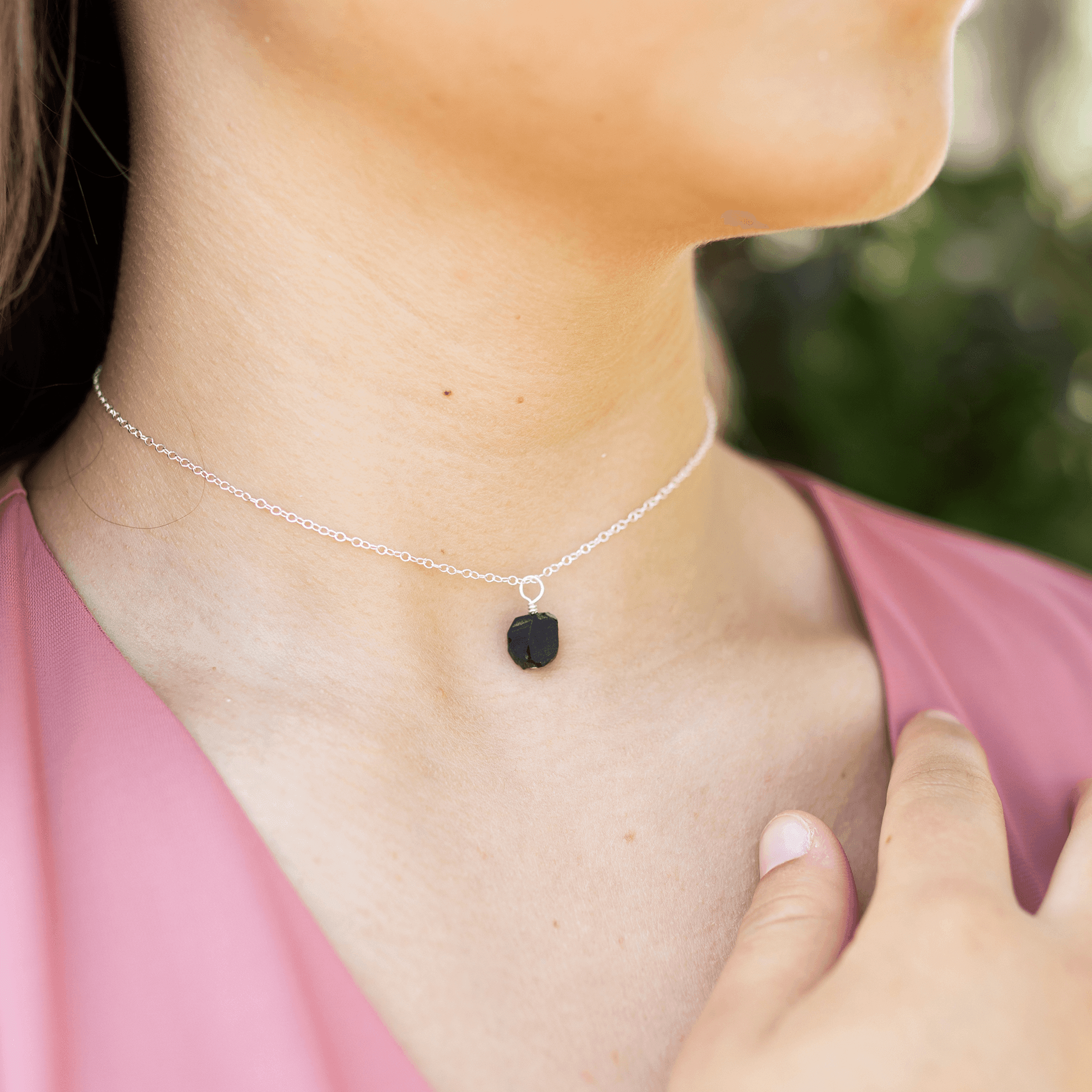 Tiny Rough Obsidian Gemstone Pendant Choker - Tiny Rough Obsidian Gemstone Pendant Choker - 14k Gold Fill / Cable - Luna Tide Handmade Crystal Jewellery