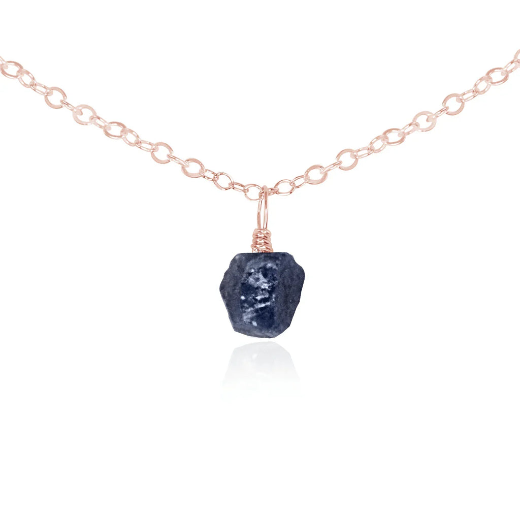 Tiny Rough Sapphire Gemstone Pendant Choker - Tiny Rough Sapphire Gemstone Pendant Choker - 14k Rose Gold Fill / Cable - Luna Tide Handmade Crystal Jewellery