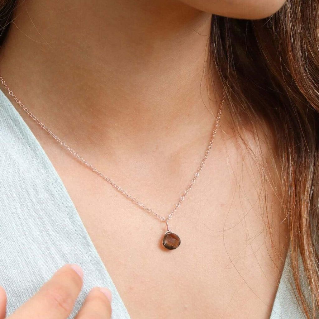 Tiny Smoky Quartz Teardrop Crystal Necklace - Tiny Smoky Quartz Teardrop Crystal Necklace - Sterling Silver / Cable - Luna Tide Handmade Crystal Jewellery