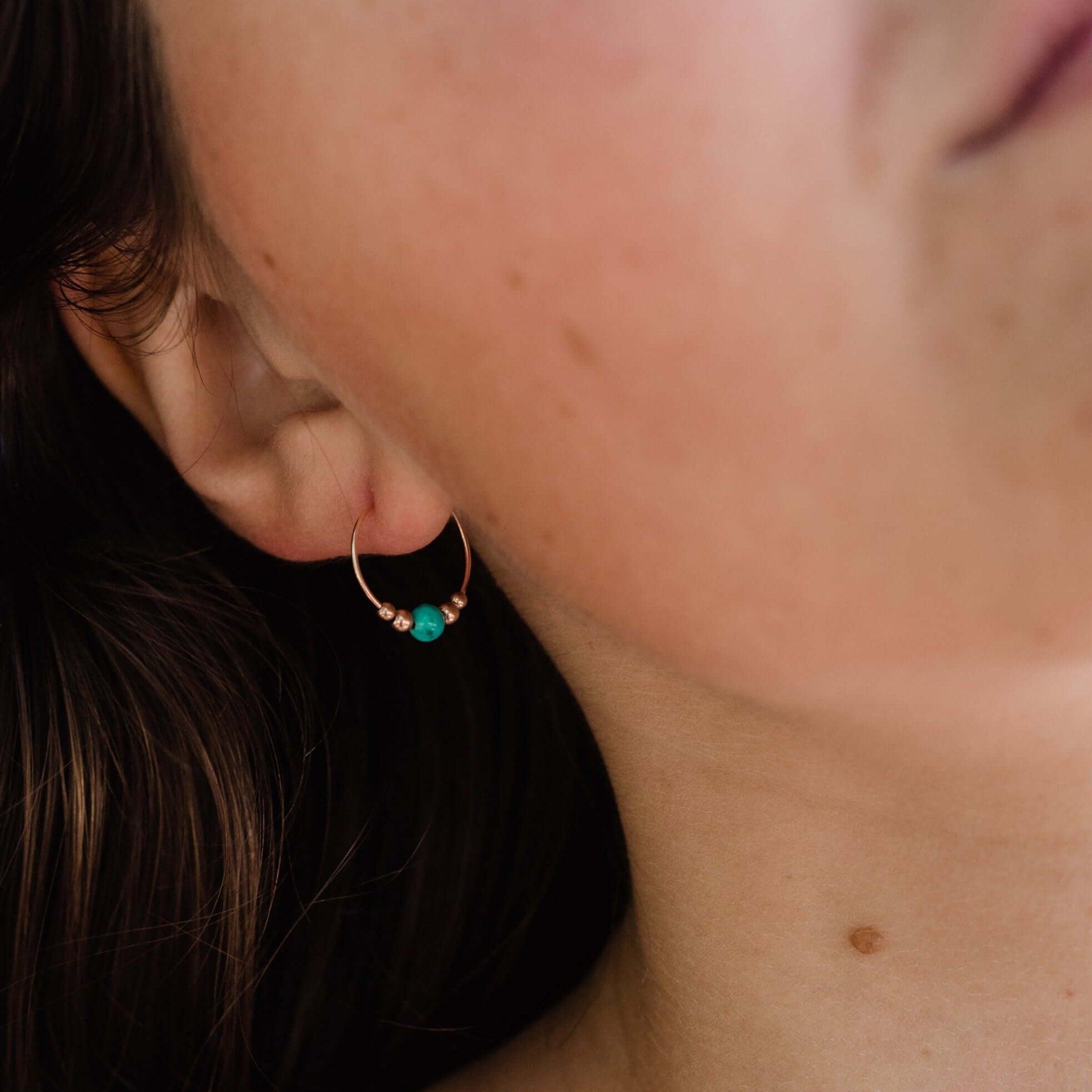 Tiny Turquoise Bead Hoop Earrings - Tiny Turquoise Bead Hoop Earrings - 14k Gold Fill - Luna Tide Handmade Crystal Jewellery