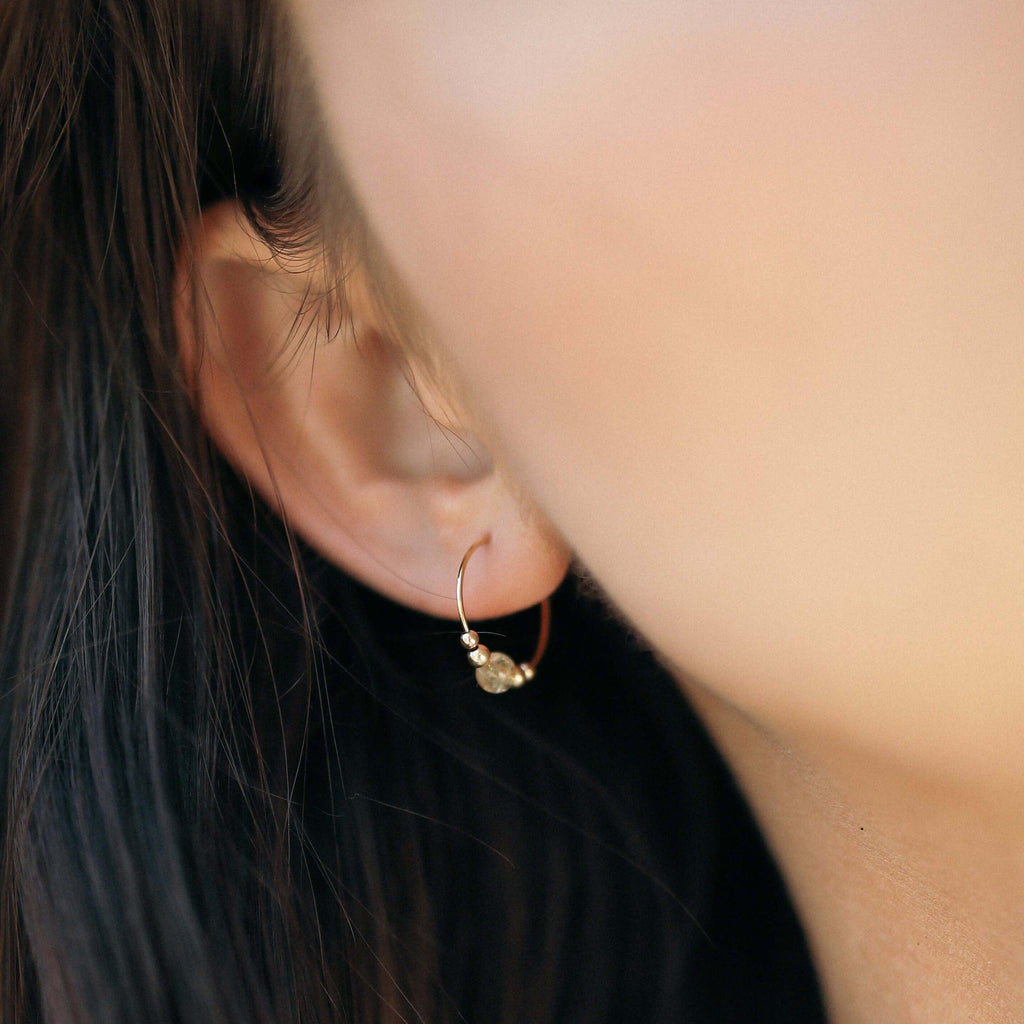 Tiny Yellow Citrine Bead Hoop Earrings - Tiny Yellow Citrine Bead Hoop Earrings - 14k Gold Fill - Luna Tide Handmade Crystal Jewellery