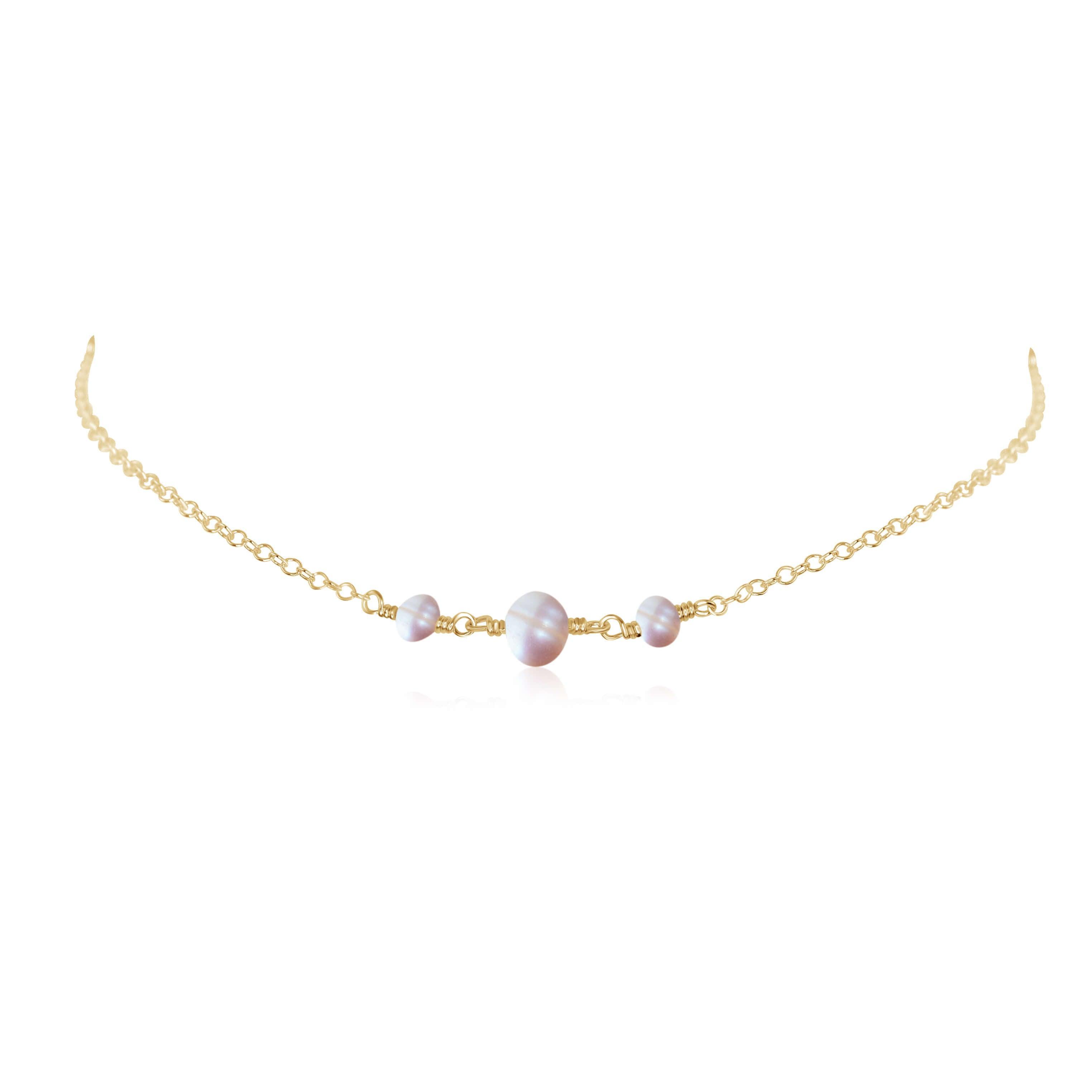 White Freshwater Pearl Beaded Chain Choker Necklace - White Freshwater Pearl Beaded Chain Choker Necklace - 14k Gold Fill - Luna Tide Handmade Crystal Jewellery