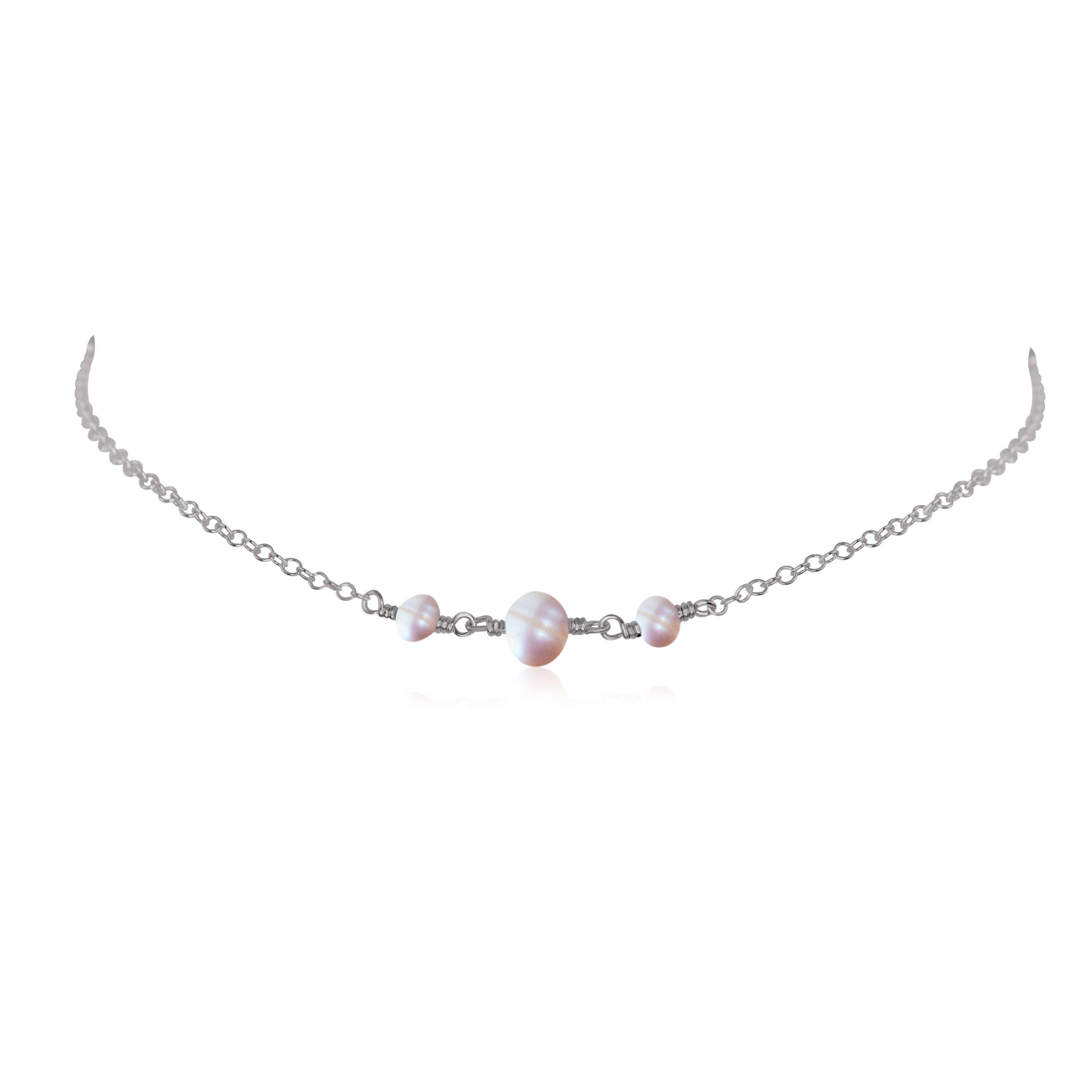 White Freshwater Pearl Beaded Chain Choker Necklace - White Freshwater Pearl Beaded Chain Choker Necklace - Stainless Steel - Luna Tide Handmade Crystal Jewellery