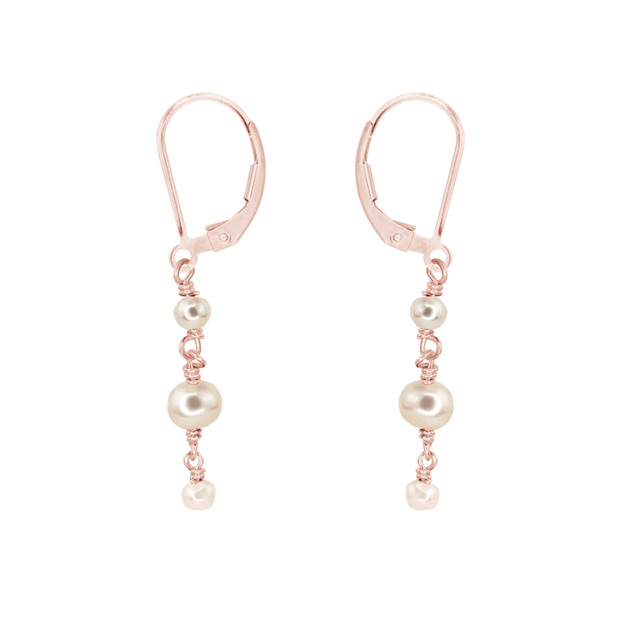 White Freshwater Pearl Crystal Beaded Chain Dangle Leverback Earrings - White Freshwater Pearl Crystal Beaded Chain Dangle Leverback Earrings - 14k Rose Gold Fill - Luna Tide Handmade Crystal Jewellery
