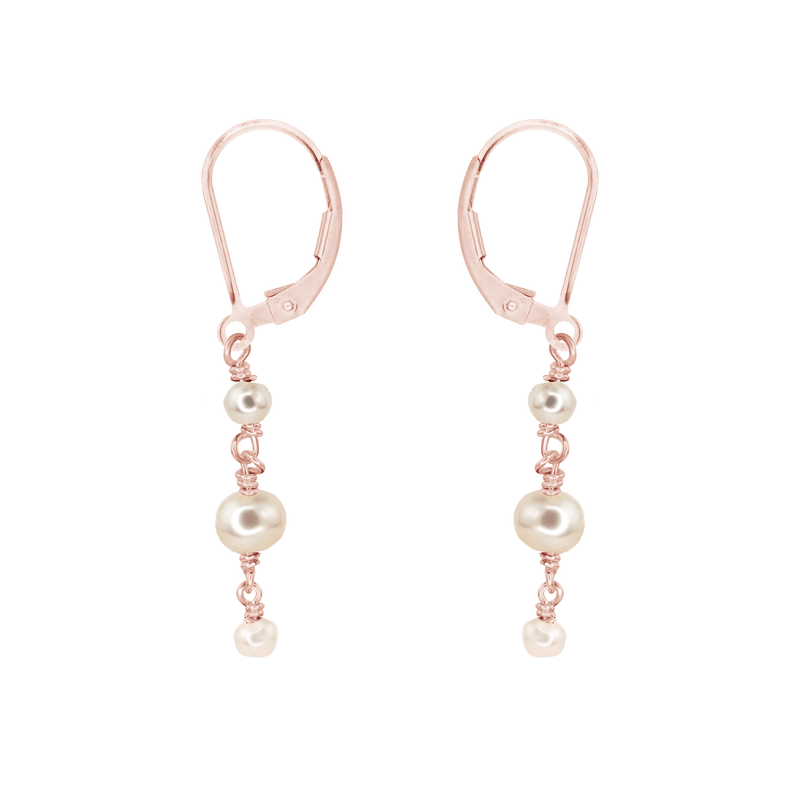 White Freshwater Pearl Crystal Beaded Chain Dangle Leverback Earrings - White Freshwater Pearl Crystal Beaded Chain Dangle Leverback Earrings - 14k Rose Gold Fill - Luna Tide Handmade Crystal Jewellery