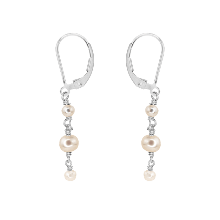 White Freshwater Pearl Crystal Beaded Chain Dangle Leverback Earrings - White Freshwater Pearl Crystal Beaded Chain Dangle Leverback Earrings - Sterling Silver - Luna Tide Handmade Crystal Jewellery