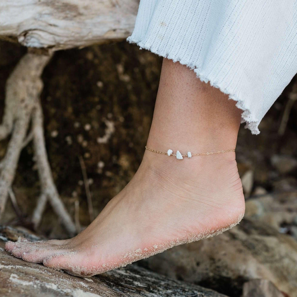 White Howlite Beaded Chain Anklet - White Howlite Beaded Chain Anklet - Sterling Silver - Luna Tide Handmade Crystal Jewellery